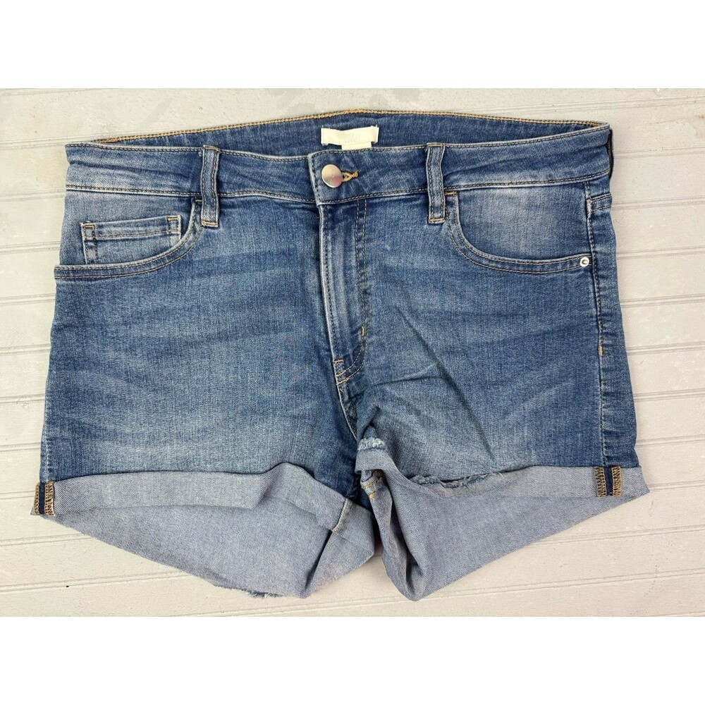H&M Size 8 Womens Shorts Shortie Mid Rise Med Wash Stretch Cuff Hem Jean Denim
